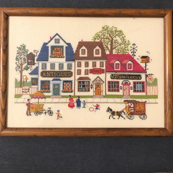 Vintage Other - 10.5” x 14.5” antique store Main Street cross stitch framed wall hanging